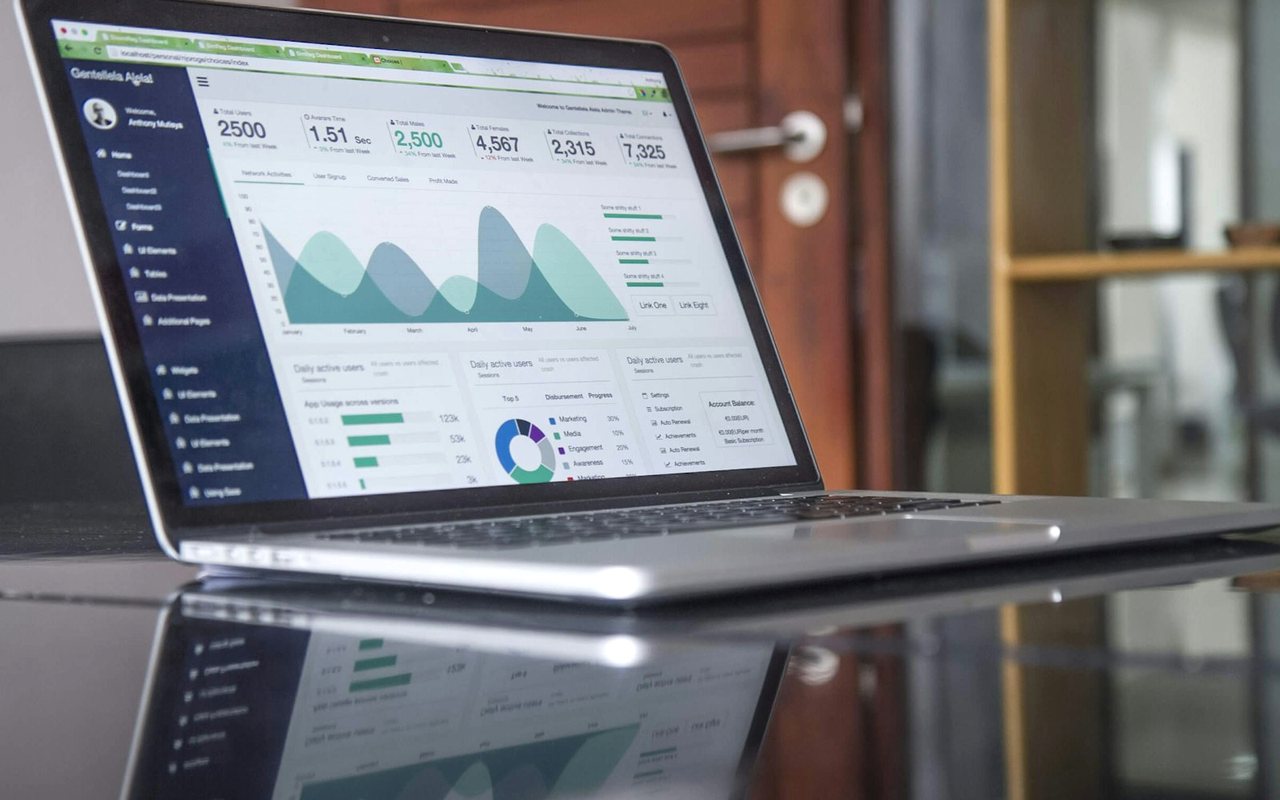 Laptop showing a business dashboard with charts and reports